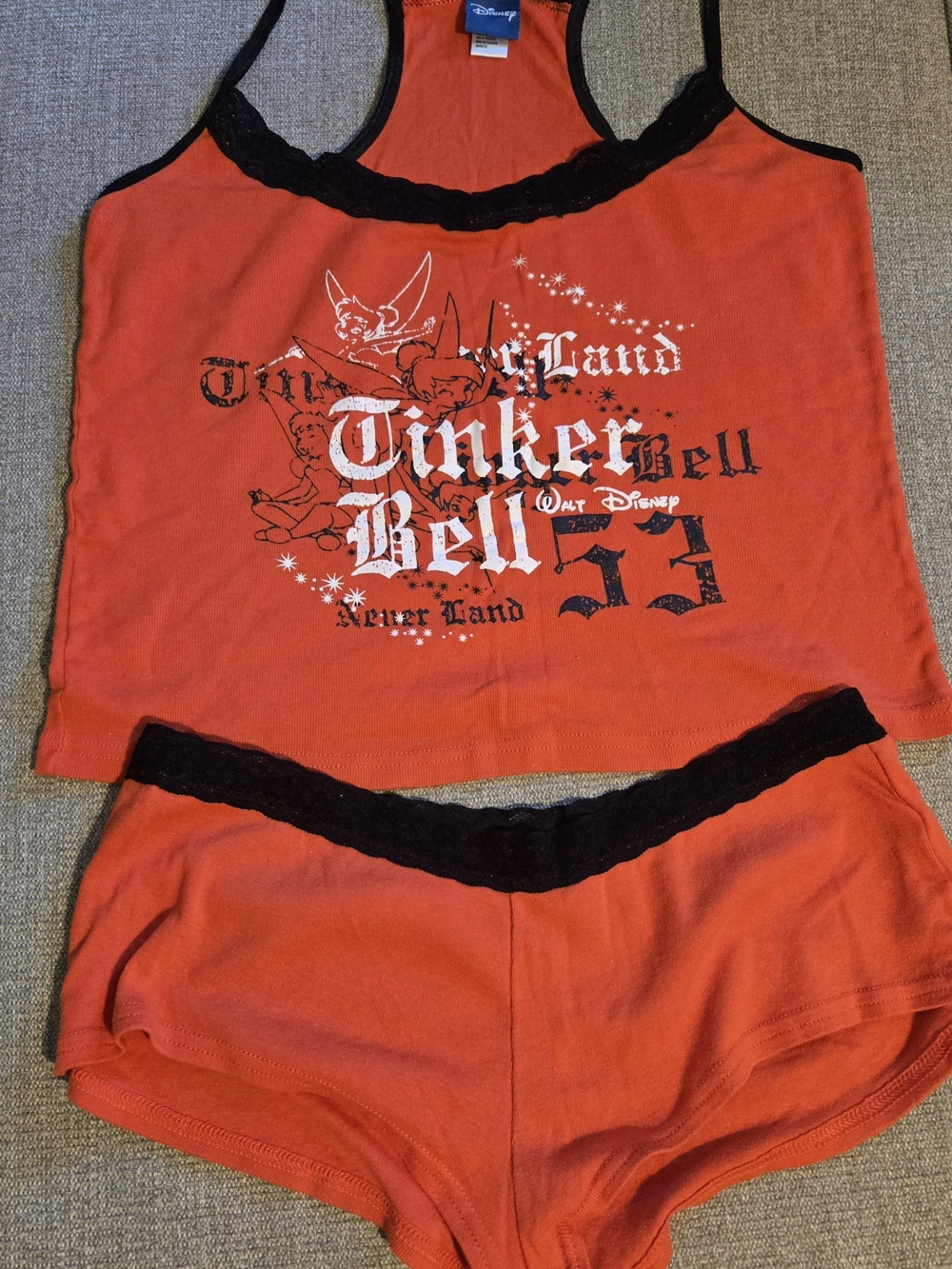 Disney Tinker Bell Womens Red Sleepwear Tank & Shorts with Black Lace Trim